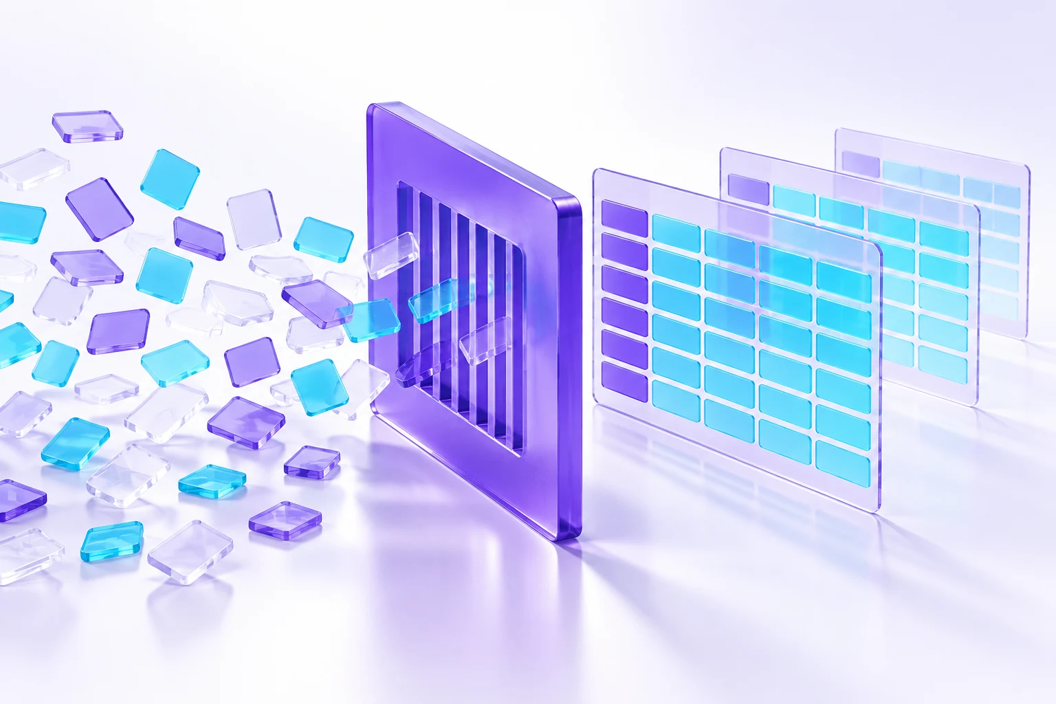 Violet data filter organizing scattered cells into clear spreadsheet panels